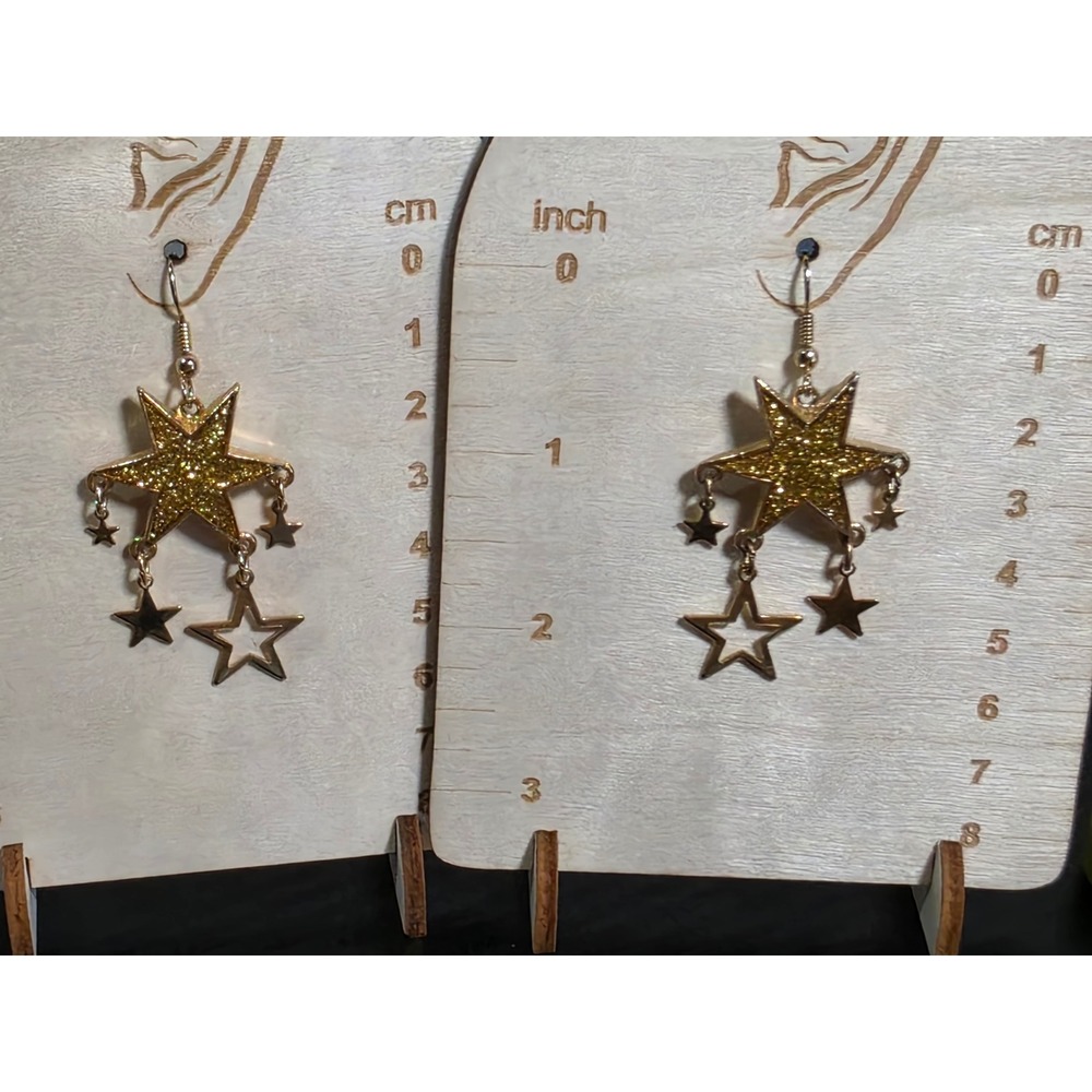 Vintage JJ Jonette Jewelry Gold Tone Celestial Glitter Star Dangle Earrings